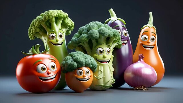 Funny Animated Vegetables with Smiling Faces on Colorful Studio Background