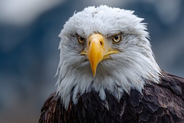 Obraz premium A powerful bald eagle looks straight ahead with intense golden eyes, its white feathers and sharp beak illuminated in natural light. 