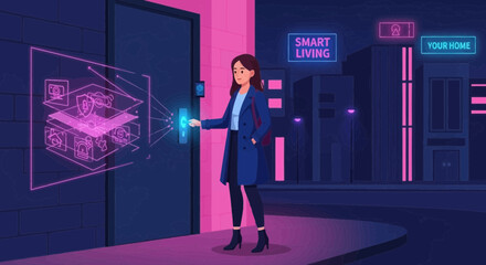 Woman using futuristic interface on door, Smart Home automation and connectivity