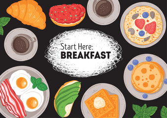 Breakfast, brunch vector illustration. Hand drawn flat food style. Top view. Menu, package, logo, design template.