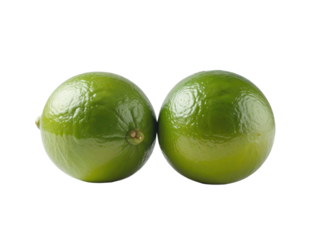 Two vibrant, glossy, green limes, nearly identical in size, sit side-by-side, their bumpy textures and bright color prominent against a stark black background