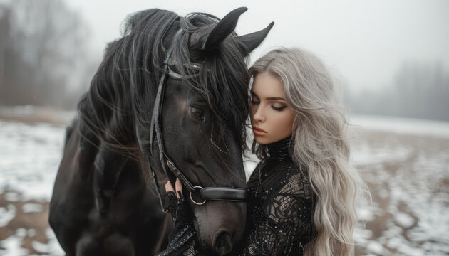 Beautiful blonde lady in vintage black dress hugs a horse in a field in winter. - Powered by Adobe