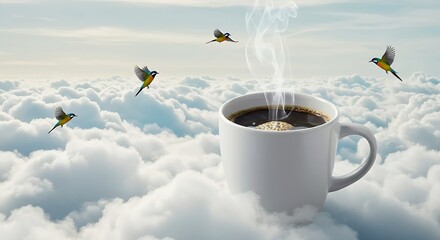 A cup of serenity floats among the clouds, as vibrant hummingbirds dance around morning dream