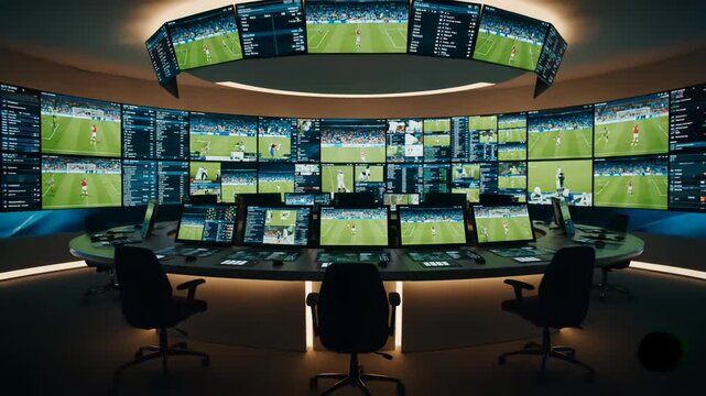 High-tech control room with numerous screens displaying live football matches, designed for professional sports event observation and real-time monitoring of athletic competitions - Powered by Adobe