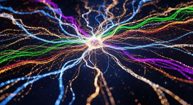 Illustration of colorful neural network connections on a dark background