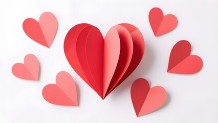 Red and Pink Paper Hearts with 3D Design on White Background