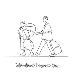One continuous line drawing of International Migrants Day vector illustration. International Migrants Day theme design concept in simple linear continuous line. Great design for social issue campaign.