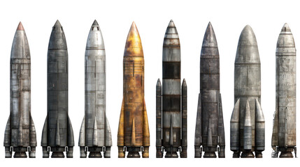 Seven rockets lined up on transparent png background
