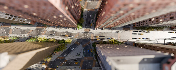 Aerial 3d cityscape with traffic and roads between tall buildings