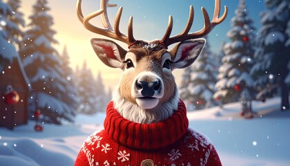 Reindeer in Red Knit Sweater Winter Wonderland