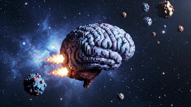 Conceptual illustration of powerful mind and intelligence, a rocket-propelled brain navigating a cosmos of ideas and overcoming viral challenges