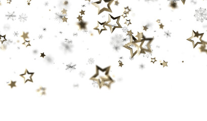 Sparkling gold stars and snowflakes falling on white. Festive, magical winter design.