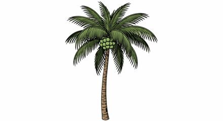A tall palm tree with green coconuts and lush fronds