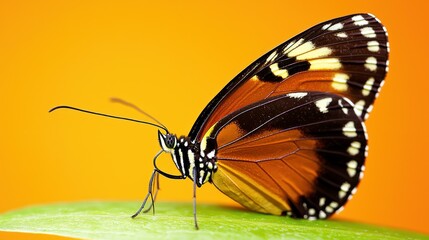 Obraz premium Monarch butterfly perched on leaf nature close-up vibrant orange background macro photography