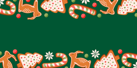 Festive green background with gingerbread cookie, candy cane and decorative snowflakes for holiday celebration in cartoon.