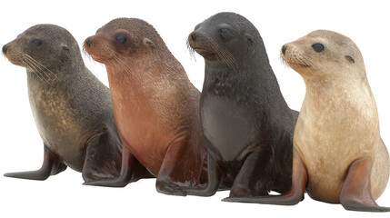 Four cute seals sitting together on transparent png background