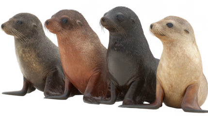 Four cute seals sitting together on transparent png background