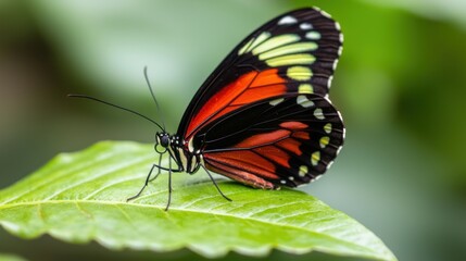 Naklejka premium Fluttering monarch butterfly on leaf in lush garden nature photography close-up perspective vibrant colors
