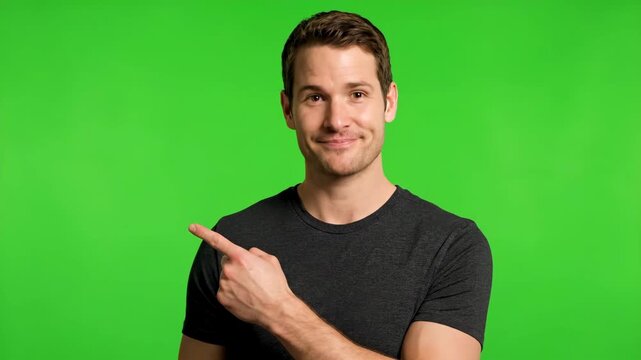 Man in Black Shirt Pointing to the Left Side of the Screen in Front of a Bright Green Background During Daytime