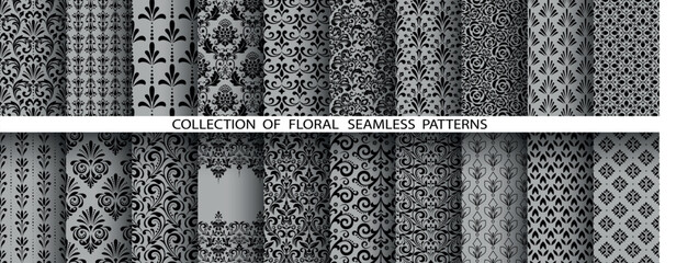 Geometric floral set of seamless patterns. Gray and black vector backgrounds. Damask graphic ornaments