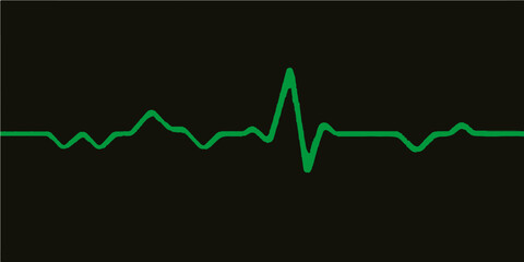 A medical ecg cardiogram monitor displaying a green heartbeat wave illustration