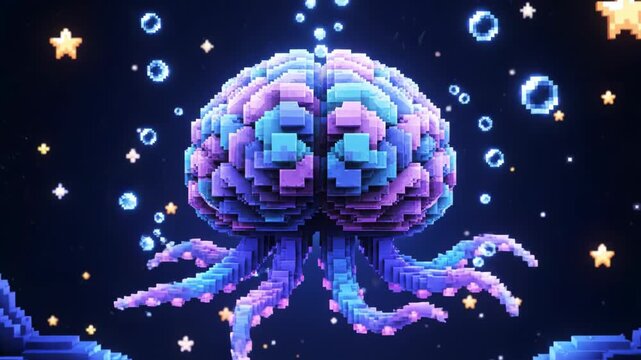 Imaginative pixel art brain with glowing tentacles, a captivating representation of digital intelligence and evolving consciousness in a fantastical underwater cosmos