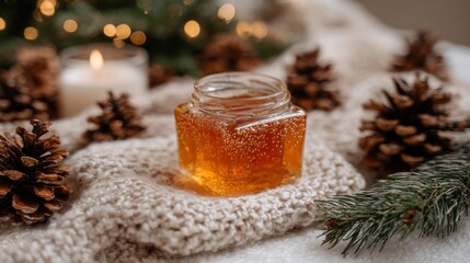 A jar of honey is sitting on a blanket next to pine cones
