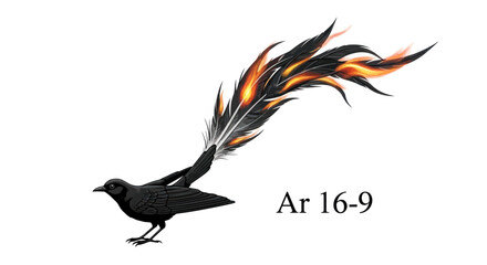 A digital artistic rendering of a black bird with striking fiery feathered tail design