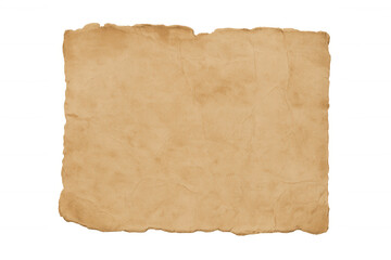 Old aged paper with wrinkled parchment texture and torn ripped edges, vintage brown blotches on transparent background