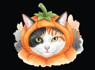 A Calico cat wear the pumpkin suit