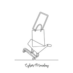One continuous line drawing Cyber Monday vector illustration. Cyber Monday themes design concept in simple linear continuous line. Great design for business campaign and digital shopping purpose.