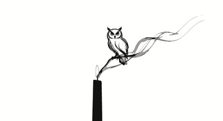 An owl perched precariously on a smoking candle, a monochrome study of contrast and mystery