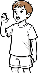 Cartoon boy with brown hair wearing a white t-shirt waving his hand.