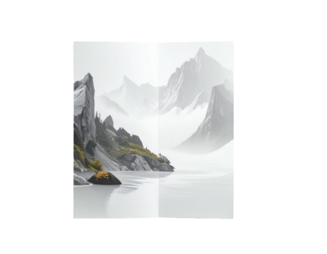 Misty mountain landscape, calm lake, gray rocks, and muted colors