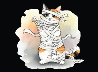 A Calico cat wrapped with a bandage