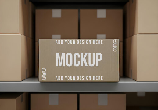 Cardboard Box Mockup on Warehouse Shelf Background