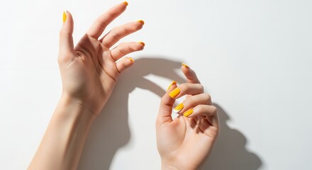 Two elegant female hands with bright yellow painted fingernails and manicured cuticles are positioned against a clean white background with soft shadows Beauty Woman Skin Fingers Care