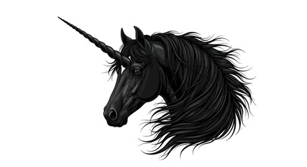 Elegant black unicorn portrait showcasing its majestic flowing mane and spiraled horn  a symbol of