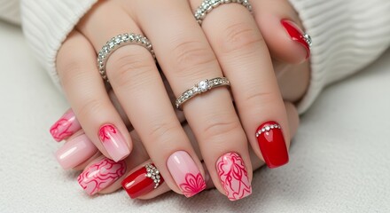 Elegant female hands with meticulously decorated fingernails featuring intricate pink floral designs and sparkling gem accents on red and light pink polish adorned with multiple diamond studded rings