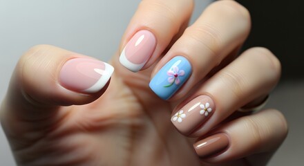 A hand displaying exquisitely manicured nails featuring a french tip design with pink polish a blue nail with a delicate pink flower and beige nails adorned with small white flowers