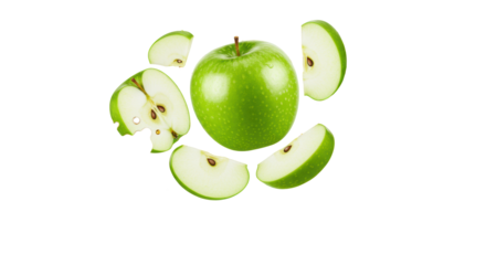 A vibrant green granny smith apple & crisp slices suspended, golden-yellow juice dramatically splashing on a transparent studio background with copy space, advertising fresh fruit juice concept