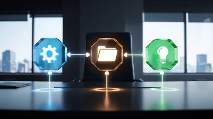 Digital Workflow Visualization with Holographic Business Icons - Powered by Adobe