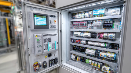 high-resolution shot of an open electrical control cabinet in a factory. It displays a complex network of wires, circuit breakers, switches, and a digital control screen, all essential for automation