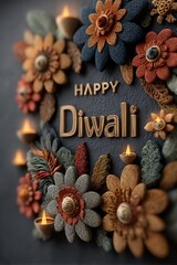 Happy Diwali text greeting card for Indian holiday, festival of lights with warm festive elements and traditional motifs