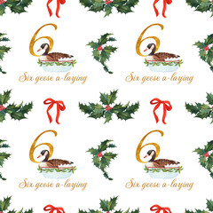 Seamless pattern inspired by The 12 Days of Christmas: six geese a-laying. Watercolor festive design perfect for wrapping paper, textiles, decorations, and holiday projects. © Svitlana