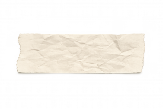 Crumpled beige paper strip with torn edges, old textured horizontal note displaying wrinkles and creases on transparent background