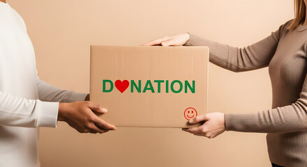 Donation Concept. The Volunteer Giving a Donate Box to the Recipient. Standing against the Walll