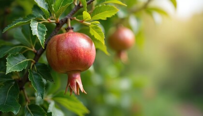 Ripening pomegranate fruit hangs on tree branch amidst green leaves. Round, red fruit shows signs of growth, hinting at future harvest. Natural, organic produce rich in vitamins, antioxidants,