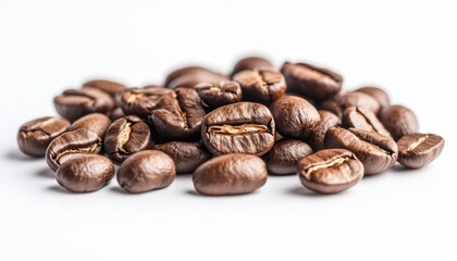 Fototapeta premium Close Up of Dark Coffee Seeds Stacked on Minimalist Brown Surface with High Studio Lighting