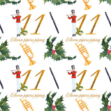 Seamless pattern inspired by The 12 Days of Christmas: eleven pipers piping. Watercolor festive design perfect for wrapping paper, textiles, decorations, and holiday projects.